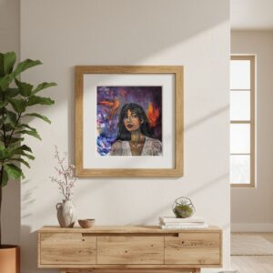 original handpainting of beautiful girl in expressionist style by artist shivangi shubham in a home decore with sunlight falling