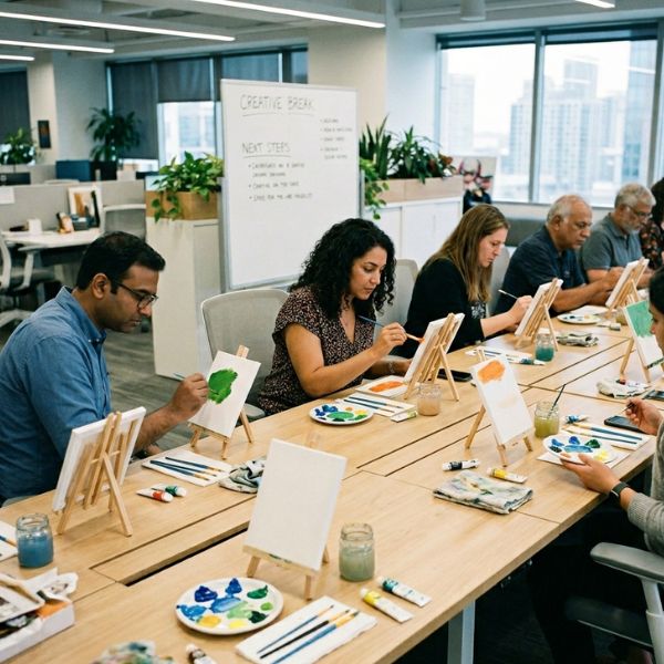 An art workshop for corporates in a bright, modern office with Indian employees, who are sitting in groups and working on intricate, multi-colored mural paintings.