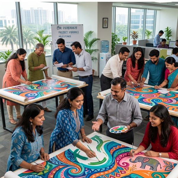 a bright indian office with employes taking part in art workshop for corporates working in large canvas in a group for team building